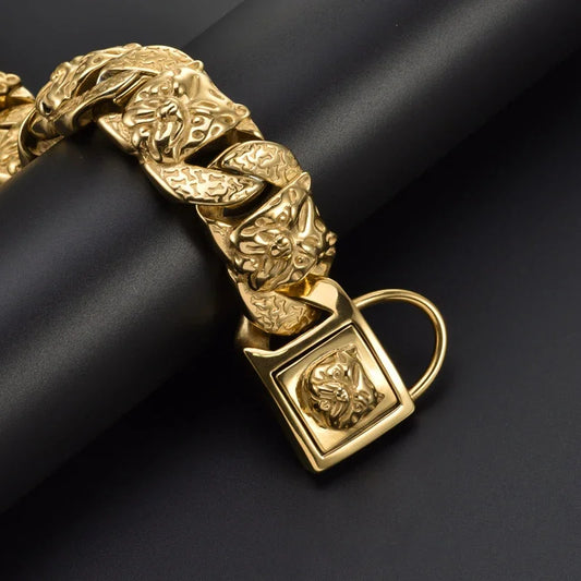 32mm Stainless Steel Dog Head Pet Collar Cuban Link Dog Collars Metal Puppy Collar Luxury Large Dog Necklace Pet Chain